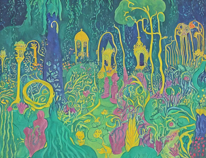 Prompt: lovecraftian persian palace garden. this gouache painting by tove jansson has dramatic lighting, an interesting color scheme and great sense of depth.