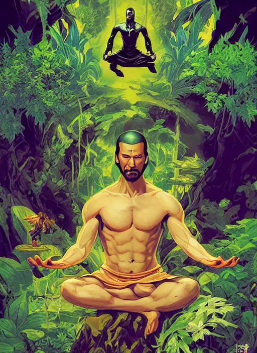 Image similar to a comic book style fantasy portrait painting of Keanu Reaves as a monk meditating in a bright serene lush green temple setting, art by Tristan Eaton, Stanley Artgerm, Tom Bagshaw, Greg Rutkowski, Carne Griffiths