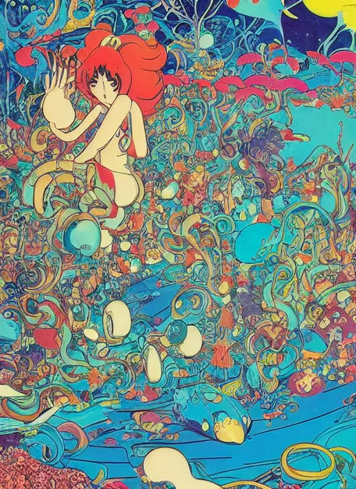 Prompt: 70s vintage anime illustration by Studio Ghibli and by James Jean, underwater carnivals filled with bubbling abstraction by Jeffery Smith by Mati Klarwein, bright bold colors, a surreal magical aura surrounds this temple