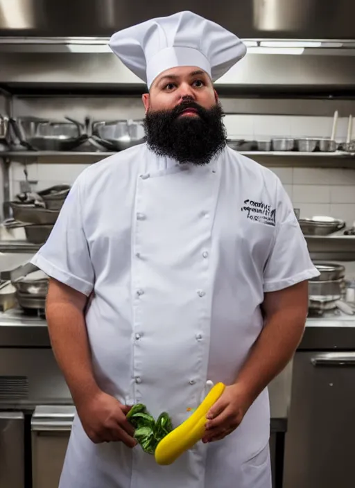 Image similar to portrait photo still of real life school chef jerome mcelroy fat bearded with chef hat in school cafeteria holding a ladel, 8 k, 8 5 mm, f. 1 4