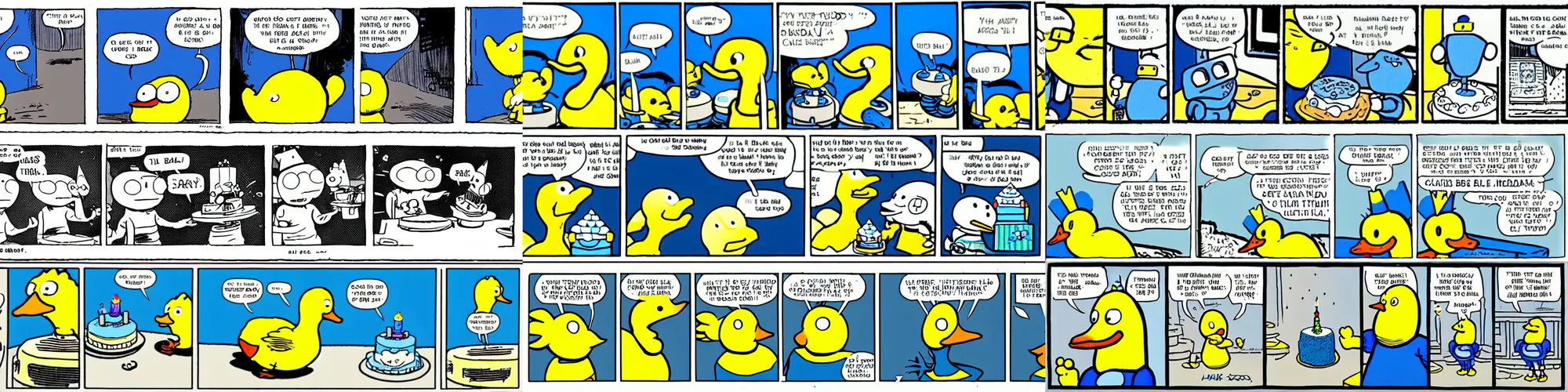 Prompt: short cartoon strip, blue robot bakes a birthday cake for yellow duck, by bill watterson