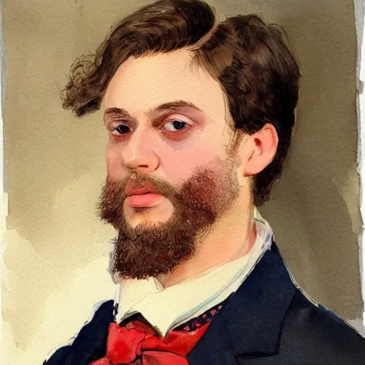 Image similar to Portrait of a handsome man with mutton chops. wearing a suit. colorful necktie, pale white face, long messy hair, long hair, ((red)) baggy eyes, tired eyes, tired face, disco smile, watercolor, brushstrokes, high detail, artstation, medium detail, by Ilya Repin