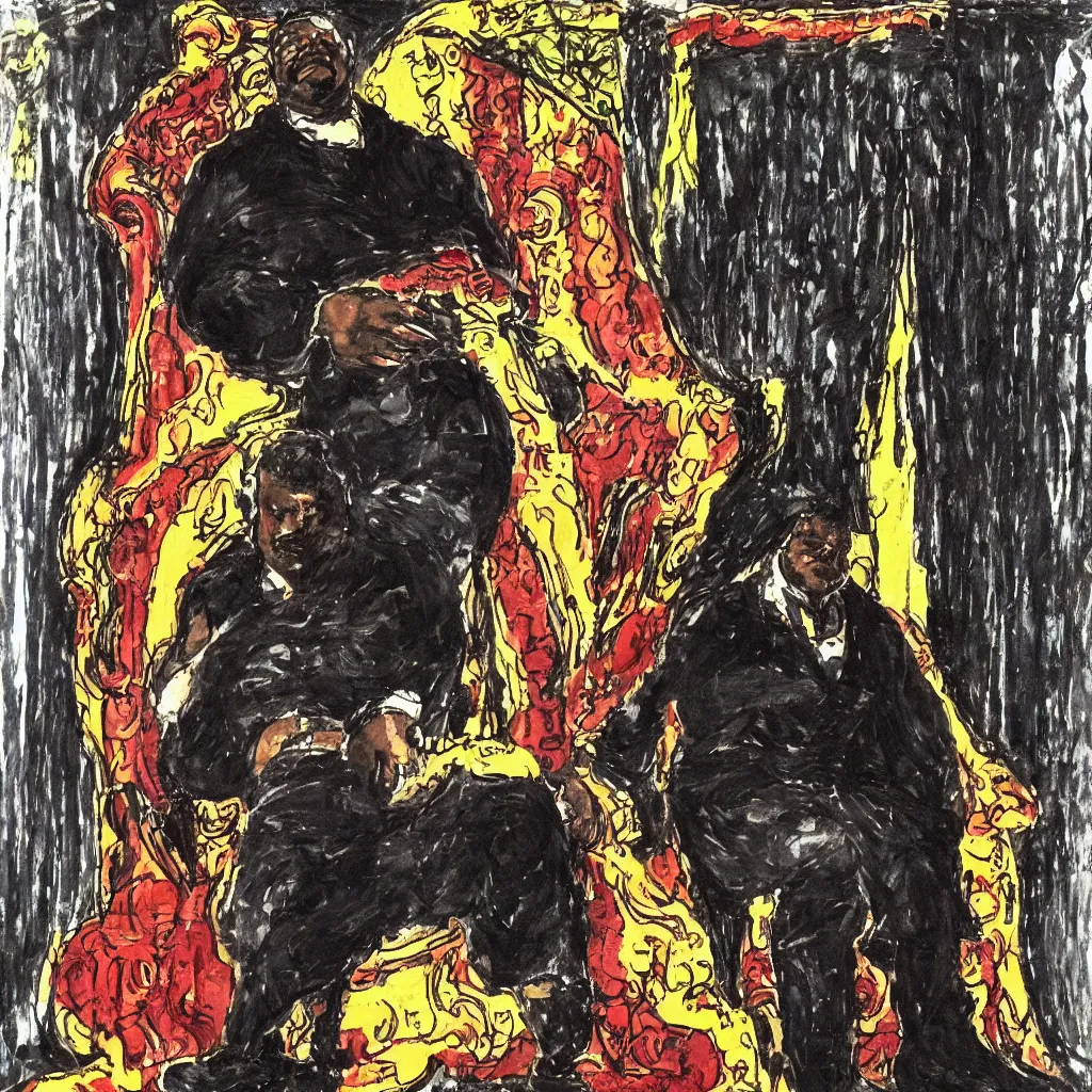 Image similar to style of frank miller, portrait of big black man sitting on throne, background made of big curtains