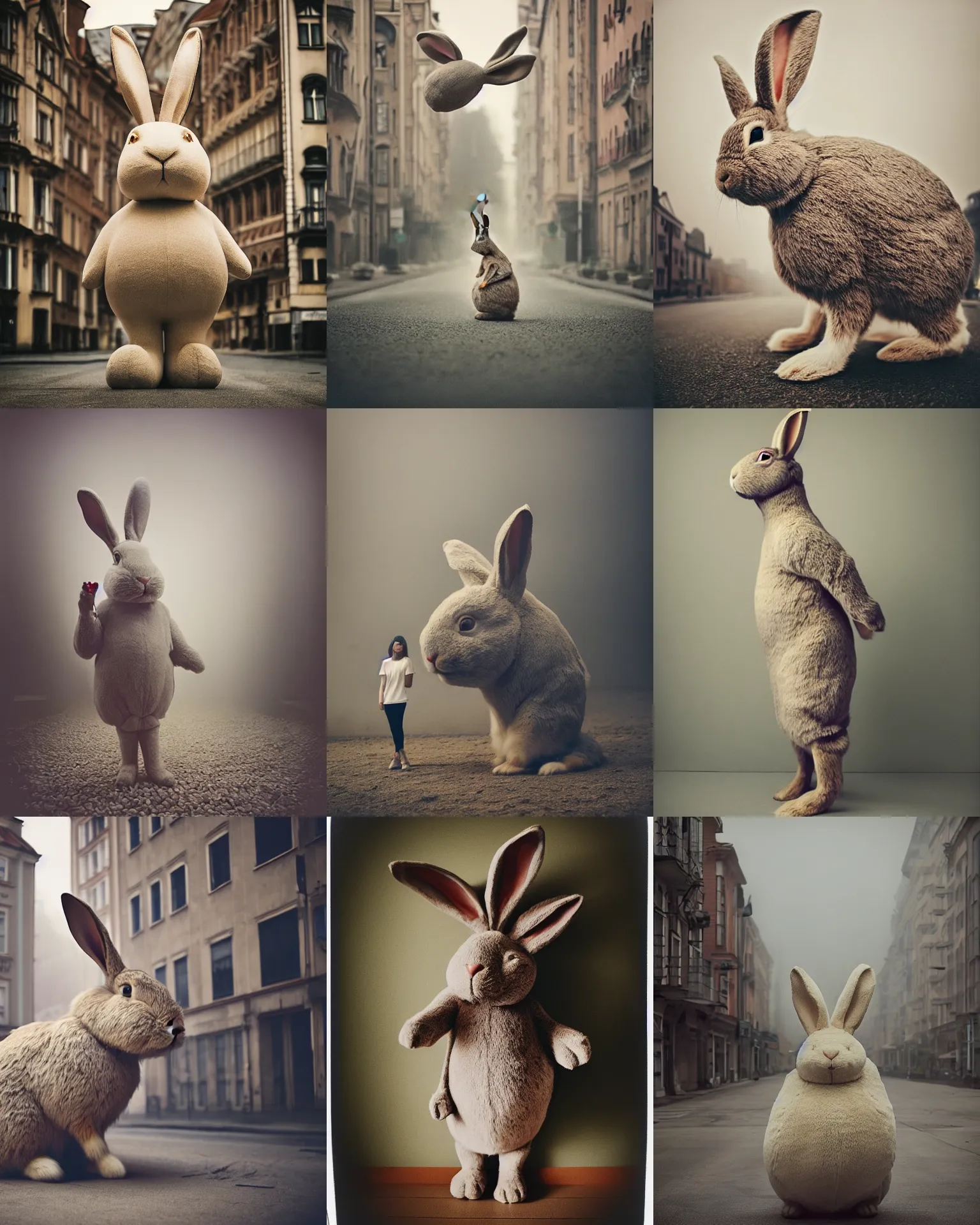 Prompt: rabbit!!! giant oversized real rabbit, in legnica, full body, cinematic focus, polaroid photo, vintage, neutral dull colors, soft lights, foggy mist, by oleg oprisco, by thomas peschak, by discovery channel, by victor enrich, by gregory crewdson