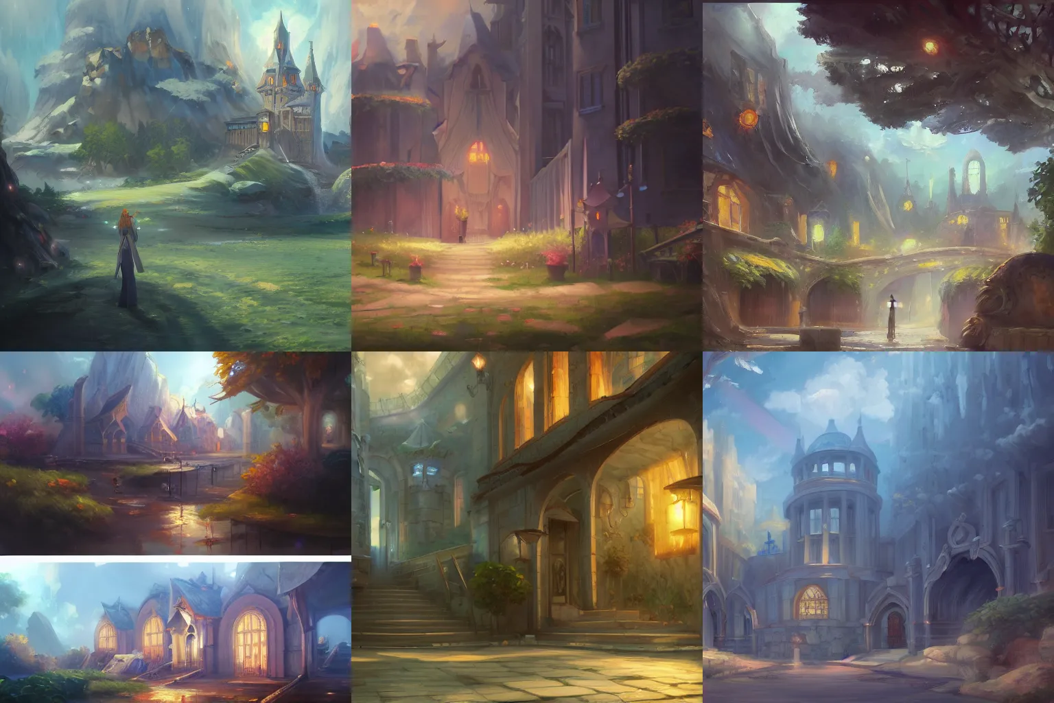 Prompt: classical oil painting of anime environment concept art of a wizard college, fantasy, trending on artstation, stylistic, brush strokes, oil, canvas, by kawacy and makoto shinkai