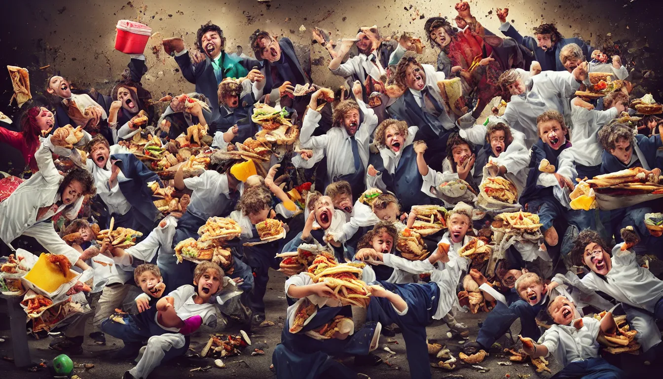 Image similar to disheveled children in rags obese men in suits and old people fighting in a fast food restaurant over piles half eaten rotting fast food, money floats in the air, hyper realistic photo, full colour, upscale, 8 k, masterpiece,