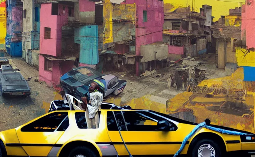 Prompt: a yellow delorean in ajegunle slums of lagos - nigeria, magazine collage, colourful painting by hsiao - ron cheng,