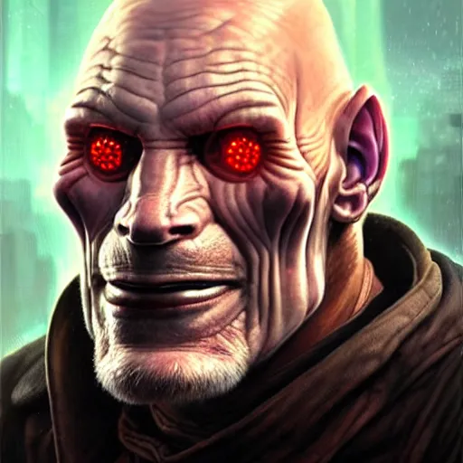 Image similar to portrait painting of a cyberpunk orc doctor who looks like patrick stewart with tusks, shadowrun, ultra realistic, concept art, intricate details, eerie, highly detailed, photorealistic, octane render, 8 k, unreal engine. art by artgerm and greg staples and elsa beskow and brian froud and jessica rossier