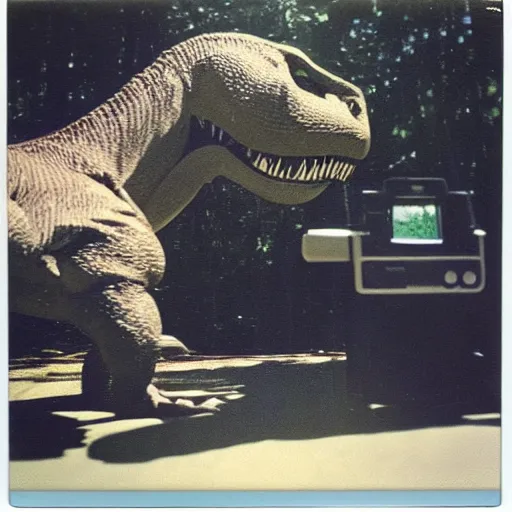 Image similar to polaroid photo of a t - rex 🦖 taking a polaroid photo of a cat