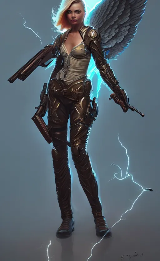 Image similar to full body portrait of a female fantasy angel with a shotgun surrounded by lightning, smooth and sharp, trending on artstation, fine details, elegant, dynamic pose, detailed and intricate environment, professional by tatyana kupriyanova and greg rutkowski and raymond swanland