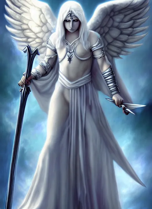 Prompt: a white angel holding a sword and a sword, digital art by Anne Stokes, deviantart, fantasy art, angelic photograph, wiccan, deviantart