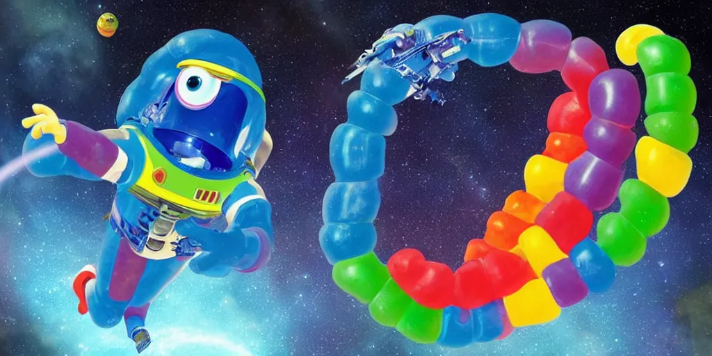 Prompt: a 3 d rendered movie still a gummi worm descendant 1 million years from now. gummi worm wears a spacesuit, and explores cosmos in a super awesome space ship. science fiction blockbuster movie gummi worms rule the world or my stepmom is a gummi worm from space, dramatic lighting, imax 7 0 mm. buzz lightyear