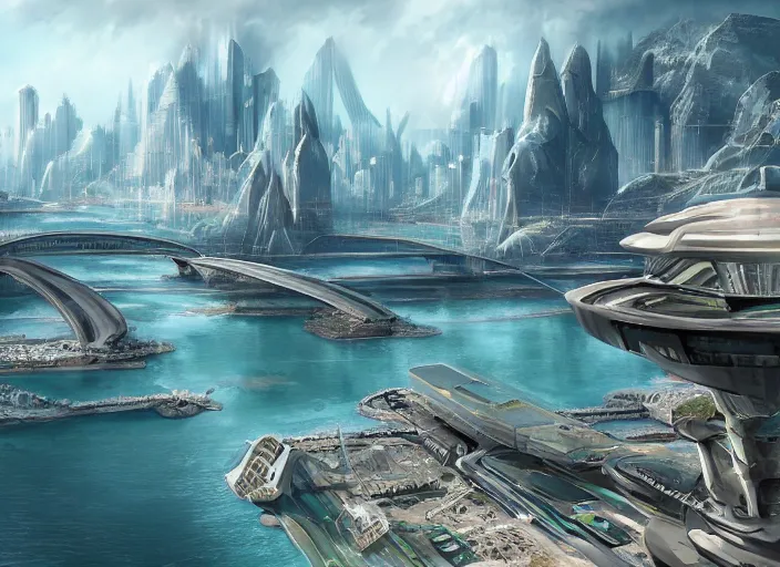 Image similar to a futuristic city surrounded by water and mountains with bridges over water, a detailed matte painting by Jon McCoy, trending on cgsociety, retrofuturism, matte painting, concept art, artstation