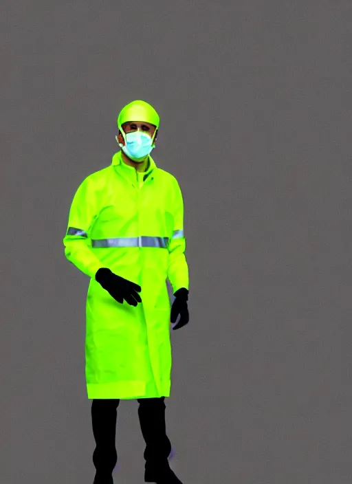 Image similar to emmanuel macron wearing hivis and rubber gloves, digital art