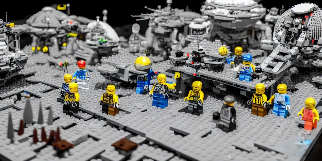 Image similar to wide shot lens photo of a very intricately detailed lego moonbase kit diorama designed by a master builder, with an epically shaped alien lego mothership ufo, lego rover, a moon buggy