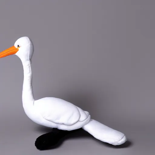 Image similar to plush of a stork wearing a black elegant suit