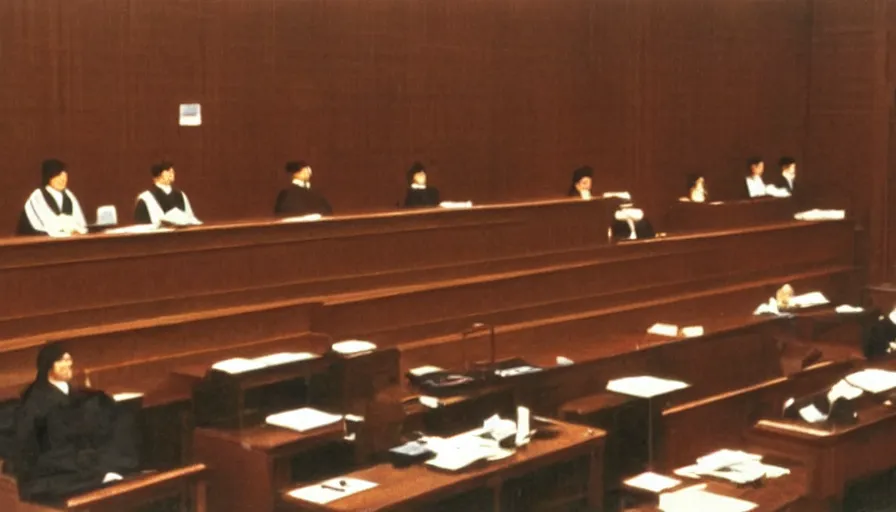 Image similar to full color still of a courtroom of law in the Meiji era Tokyo, 150mm lens by Akira Kurosawa, 1980 cinematography