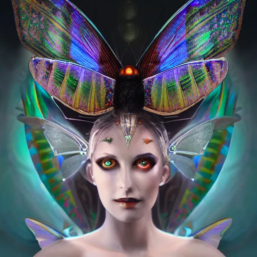 Prompt: closeup portrait of a beautiful art deco faerie queen with glowing eyes, moth wings with geometric patterns, reflective detailed textures, highly detailed dark fantasy science fiction painting, silver and cool colors, extremely detailed, photorealistic, artstation