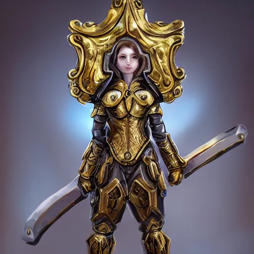 Image similar to armored girl holding a golden shield embroiled in intricate details, concept art