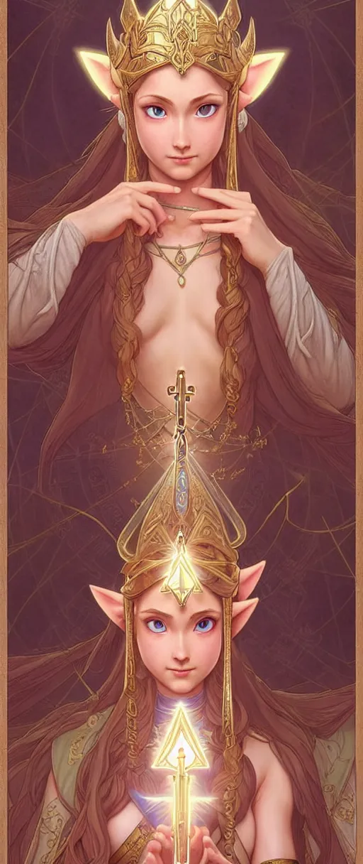 Image similar to perfectly detailed princess zelda esoteric tarot card!! blessed by nature with ever - increasing physical mental perfection, symmetrical! intricate, sensual features, highly detailed, biblical divine holy perfection!! digital painting, artstation, concept art, smooth, sharp focus, illustration, art by artgerm and greg rutkowski and alphonse mucha