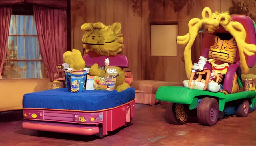 Image similar to 1990s photo of inside the Garfield's Wild Dream ride at Universal Studios in Orlando, Florida, riding a box with a blanket, with Garfield the cartoon cat, through a living room filled lasagna, coffee cups, and lava lamps, cinematic, UHD