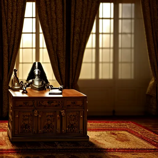 Prompt: An extremely detailed render of a mummy sitting at a Louis XIV desk, with very old curtains in the room. The desk has a 1880 phone on it. Dusty air, god rays, raytracing shadows, ambient occlusion, 8K, RTX 3090, trending on artstation, lumens