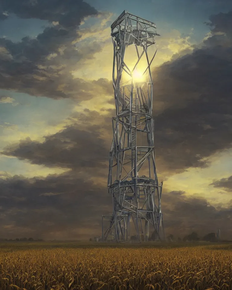 Prompt: wide shot of a tall and thin greebled structure hovering in the air 6 feet above a cornfield, late afternoon, golden hour, dramatic lighting, cinematic, highly detailed, smooth, sharp focus, concept art by greg rutkowski and artgerm and syd mead