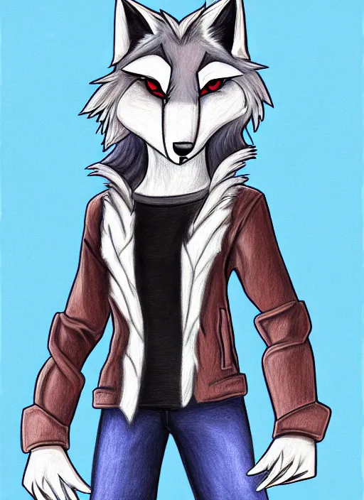 Prompt: expressive stylized master furry artist digital colored pencil painting full body portrait character study of the wolf ( sergal ) small head big eyes toon fursona animal person wearing clothes jacket and jeans by master furry artist blotch