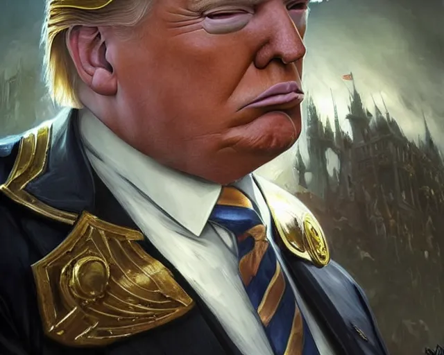 Image similar to photography of donald trump!!!, deep focus, warhammer 4 0 k, d & d, fantasy, intricate, elegant, highly detailed, digital painting, artstation, concept art, matte, sharp focus, illustration, hearthstone, art by artgerm and greg rutkowski and alphonse mucha