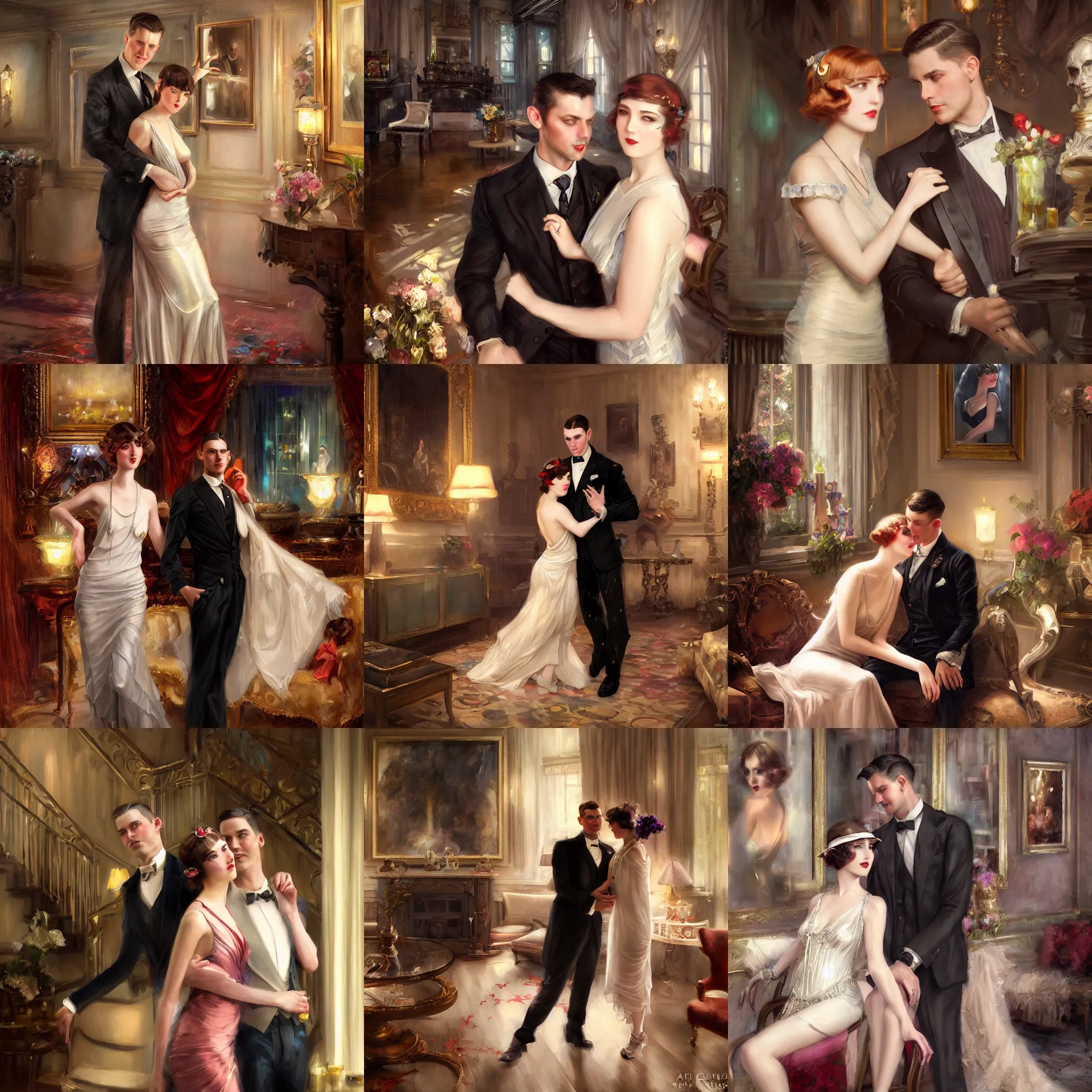 Prompt: daniel gerhartz and artgerm and wlop detailed portrait digital painting of a 1 9 2 0 s beautiful couple at a party in a mansion, mansion interior in the background, unreal engine, hyper realism, realistic shading, cinematic composition, blender render, octane render, hdr, detailed textures, photorealistic, 3 5 mm film