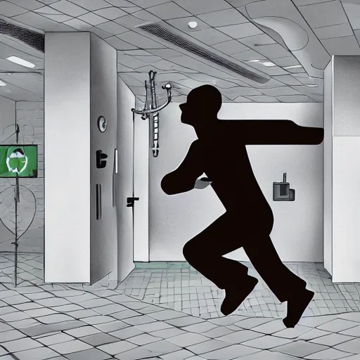 Prompt: a man sprinting towards the bathroom, during an nuclear exchange, so he can become an environmental storytelling device in the form of a skeleton