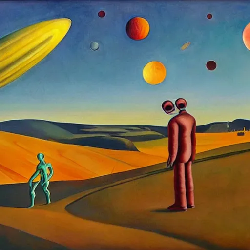 Image similar to space men exploring a fantastical alien landscape, they discover something, pj crook, edward hopper, oil on canvas