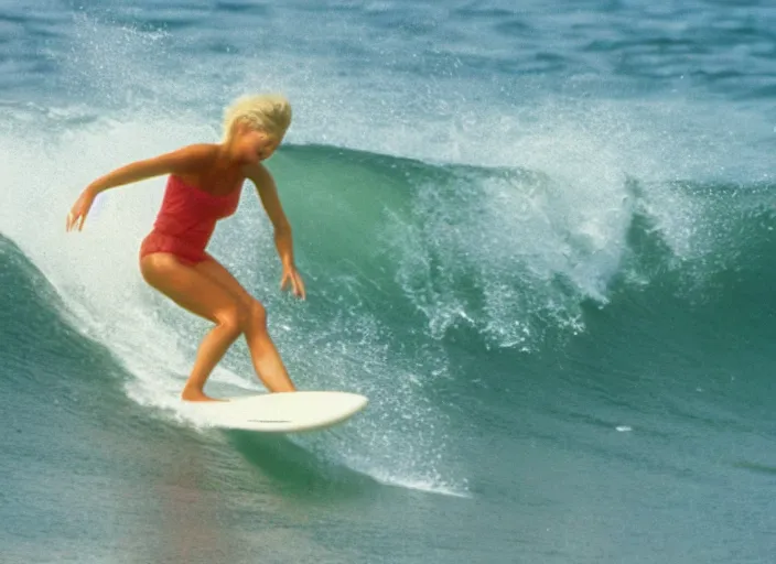 Image similar to surfergirl surfning a big wave in the 8 0's. shark fin in the water