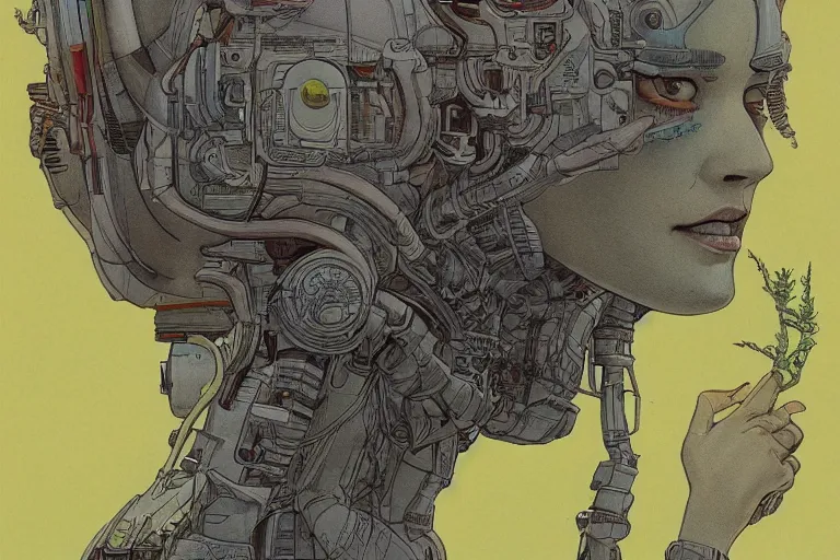 Image similar to gigantic robot - girl head floating in the space, a lot of exotic plants, trees, flowers, oldschool vintage sci - fi flat surreal grainy design, super - detailed, drawing by moebius, hd, 4 k, high quality