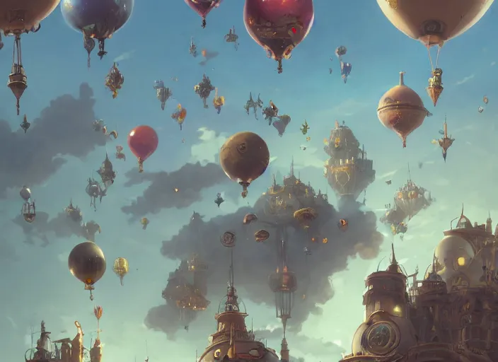 Image similar to a flying steampunk city, ballons, unreal engine, fantasy art by greg, loish, rhads, ferdinand knab, tom bagshaw, makoto shinkai and lois van baarle, rossdraws, ilya kuvshinov, night lighting, trending on studio ghibli, highly detailed, 8 k, octane render