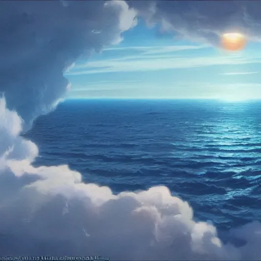 Image similar to beautiful matte painting of a dreamy ocean with clouds, sci - fi, daylight, blue sky, cinematic lighting, cinematic perspective, planet above, syd mead, john harris, federico pelat, detailed, 4 k, hd