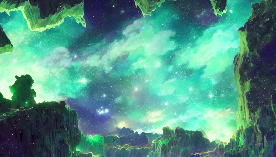 Prompt: A highly detailed digital art painting of a jade green crystalline crystal jade gemstones sparkling cave at night, shimmering starry nebula sky by Studio Ghibli, Makoto Shinkai, by Artgerm, by beeple, volumetric lighting, octane render, 4K resolution, trending on artstation, masterpiece, vivid colours