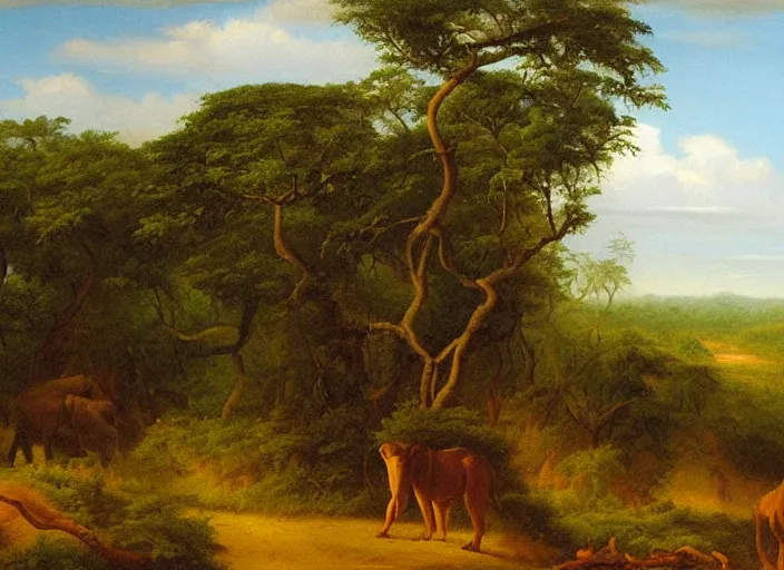 Image similar to the border of the jungle and the savannah in africa in the style of hudson river school of art, oil on canvas