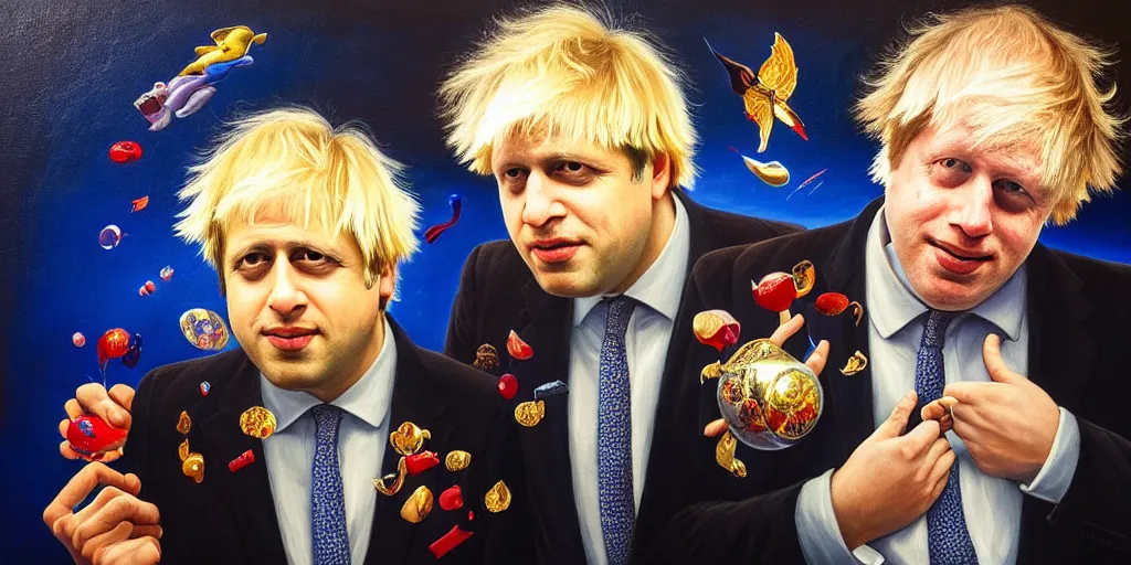 Image similar to rishi sunak and boris johnson in heaven, abstract oil painting by gottfried helnwein pablo amaringo raqib shaw zeiss lens sharp focus high contrast chiaroscuro gold complex intricate bejeweled