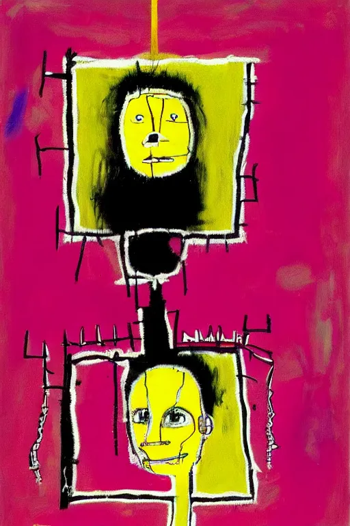 Image similar to a woman inside of an empty light bulb. the woman has wings. by basquiat