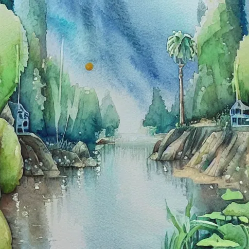 Prompt: Beautiful happy picturesque charming sci-fi town in harmony with nature. Beautiful light. Water and plants. Nice colour scheme, soft warm colour. Beautiful detailed artistic watercolor by Olivia. (2022)