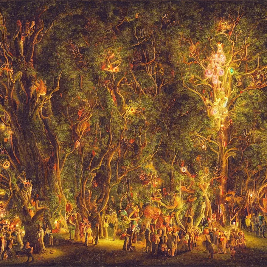 Image similar to a night carnival around a magical tree cavity, with a surreal orange moonlight and fireworks in the background, next to a lake with iridiscent water, christmas lights, folklore animals and people disguised as fantastic creatures in a magical forest by summer night, masterpiece painted by julius schnorr von carolsfeld, dark night environment