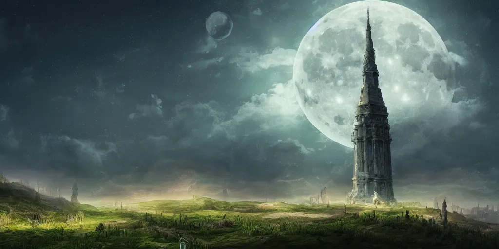 Image similar to The great intricate marble wizards tower, painted landscape, green fields in the background, moody lighting, moon in the night sky, sharp image, 4k, artstation, colorful digital art