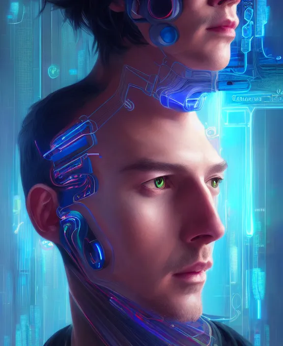 Image similar to a whirlwind inside the metaverse, guy, male, man, hologram, half body, neurochip, android, cyborg, cyberpunk face, by loish, d & d, fantasy, intricate, elegant, highly detailed, colorful, digital painting, artstation, concept art, art by artgerm and greg rutkowski and alphonse mucha