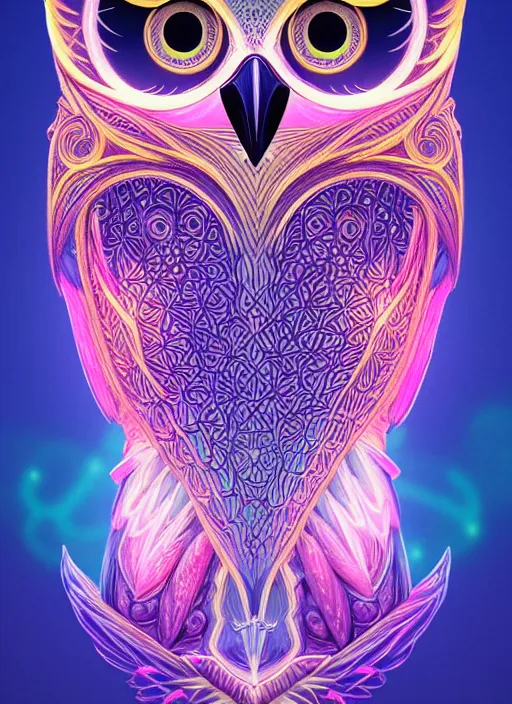 Image similar to symmetry!! product render poster vivid colors divine proportion owl, 神 圣, glowing fog intricate, elegant, highly detailed, digital painting, artstation, concept art, smooth, sharp focus, illustration,