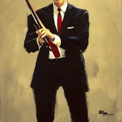 Image similar to agent 4 7 from hitman playing a violin, by gregory manchess, james gurney, james jean