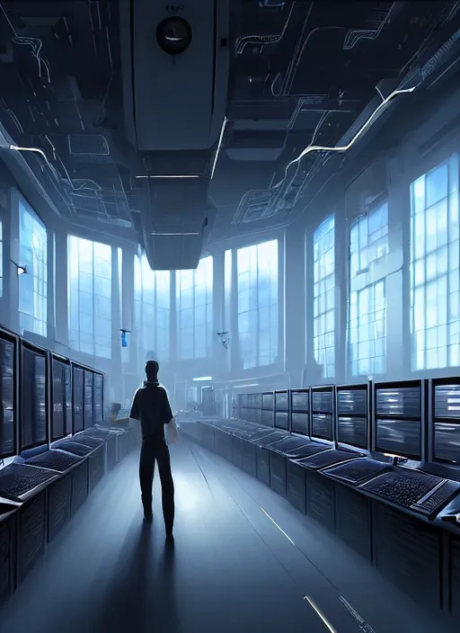 Image similar to computers, wired in, in a highly detailed server room with computers everywhere, cinematic view, epic sky, detailed, concept art, low angle, high detail, warm lighting, volumetric, godrays, vivid, beautiful, trending on artstation, by jordan grimmer, huge scene, art greg rutkowski