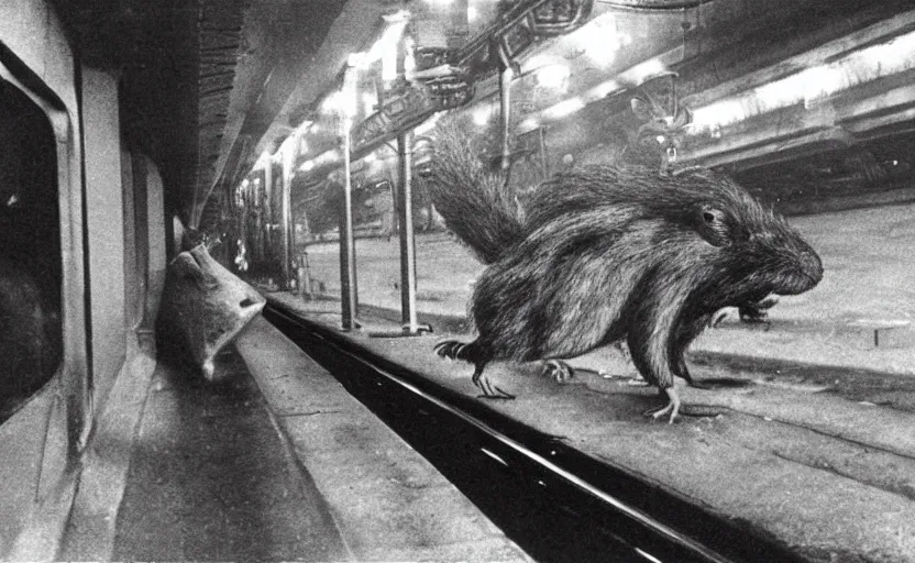 Image similar to old photo from 1 9 6 5. very large giant mutant ugly rat on railways in tonnel of moscow metro. extreme high detail. low light, scary atmosphere