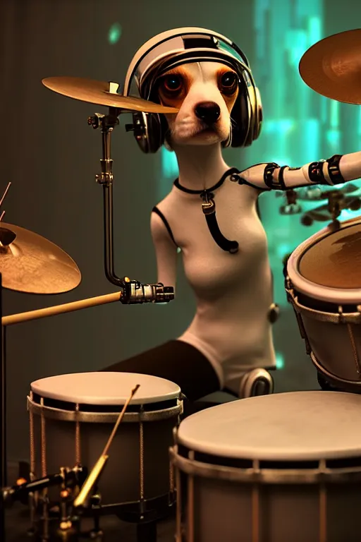 Image similar to high quality 3 d render very cute cyborg beagle plays drums!, cyberpunk highly detailed, unreal engine cinematic smooth, in the style of blade runner & pixar, hannah yata charlie immer, moody light, low angle, uhd 8 k, sharp focus