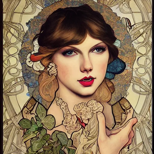 Image similar to romantic painted portrait of taylor swift by james jean, mucha, masterpiece